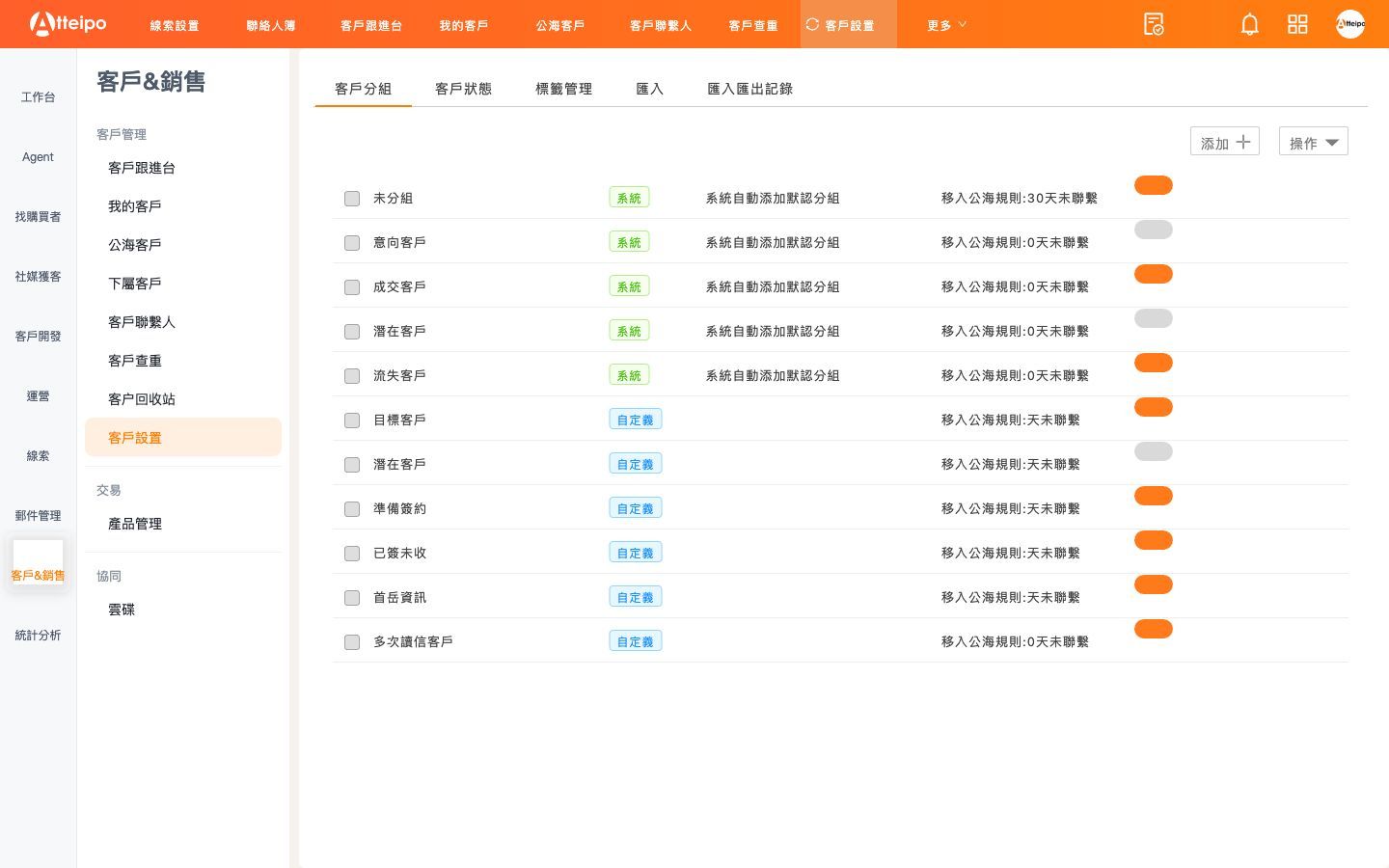 Atteipo 客戶設置：客戶分組與公海規則